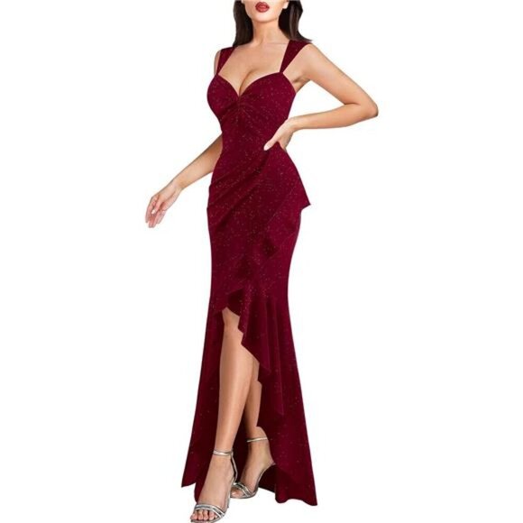Glitter V Neck Twist Backless Ruched Ruffle Slit Formal Evening Gown